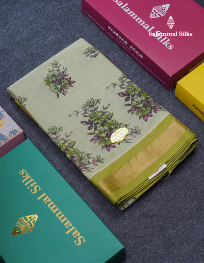 Light Elaichi Green Printed Pure Cotton Saree With Contrast Parrot Green Small Border