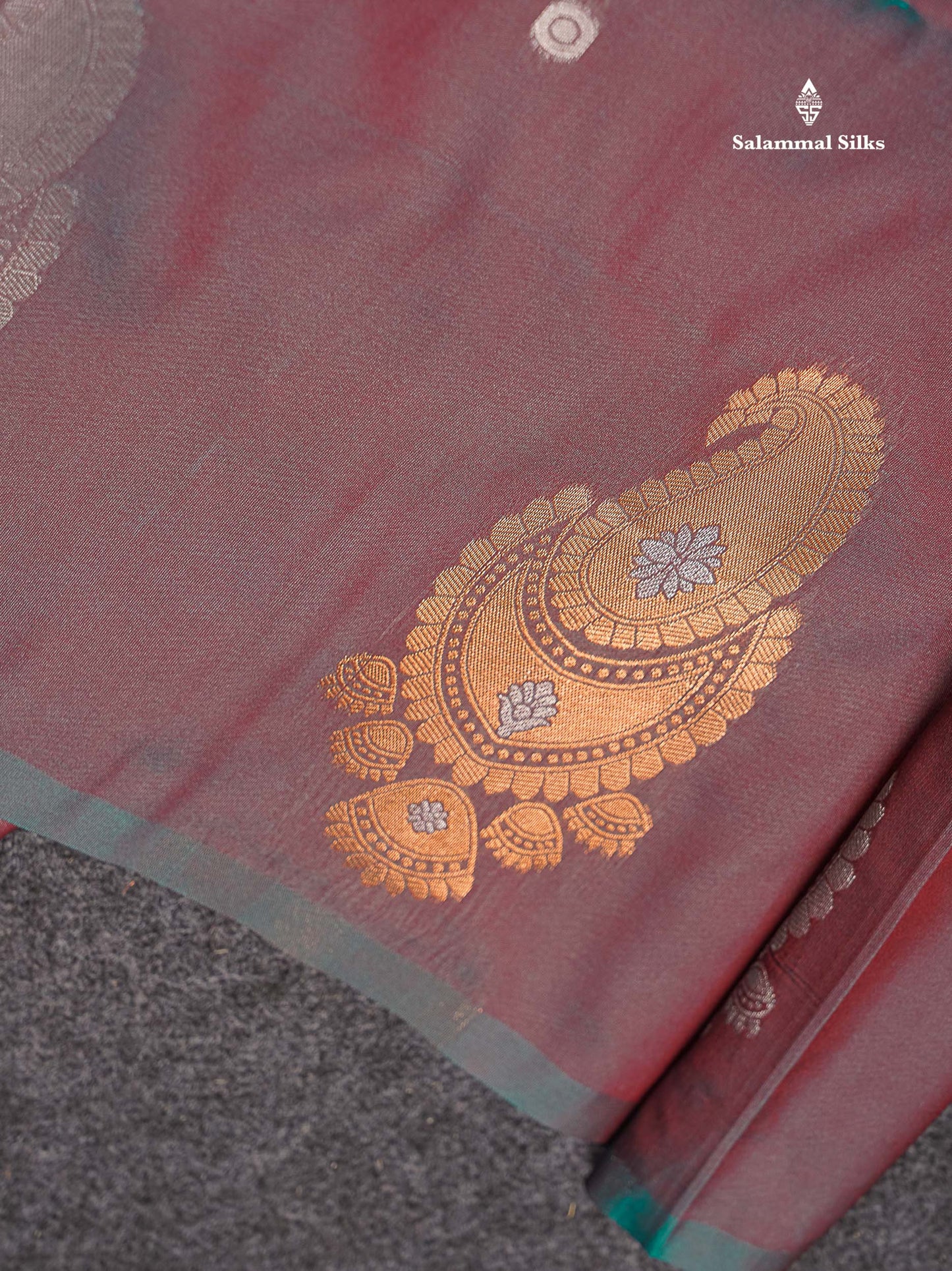 Beautiful Dual Tone Maroon Silver & Copper Zari Butta Semi Soft Silk Saree With Contrast Bottle Green Blouse