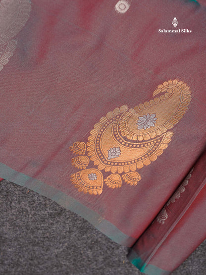 Beautiful Dual Tone Maroon Silver & Copper Zari Butta Semi Soft Silk Saree With Contrast Bottle Green Blouse