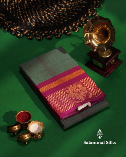Beautiful Lavender Plain Pure Chettinad Cotton Saree With Maroon Traditional Border