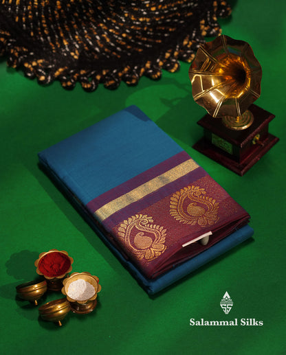 Beautiful Lavender Plain Pure Chettinad Cotton Saree With Maroon Traditional Border