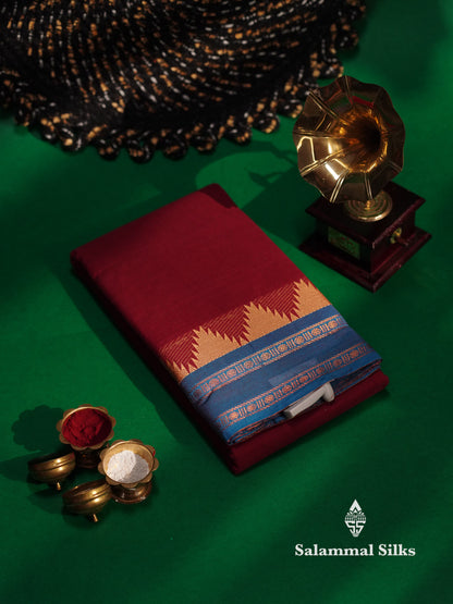 Beautiful Grey Plain Pure Chettinad  Cotton Saree With Violet Thread Work Traditional Temple And Double Border