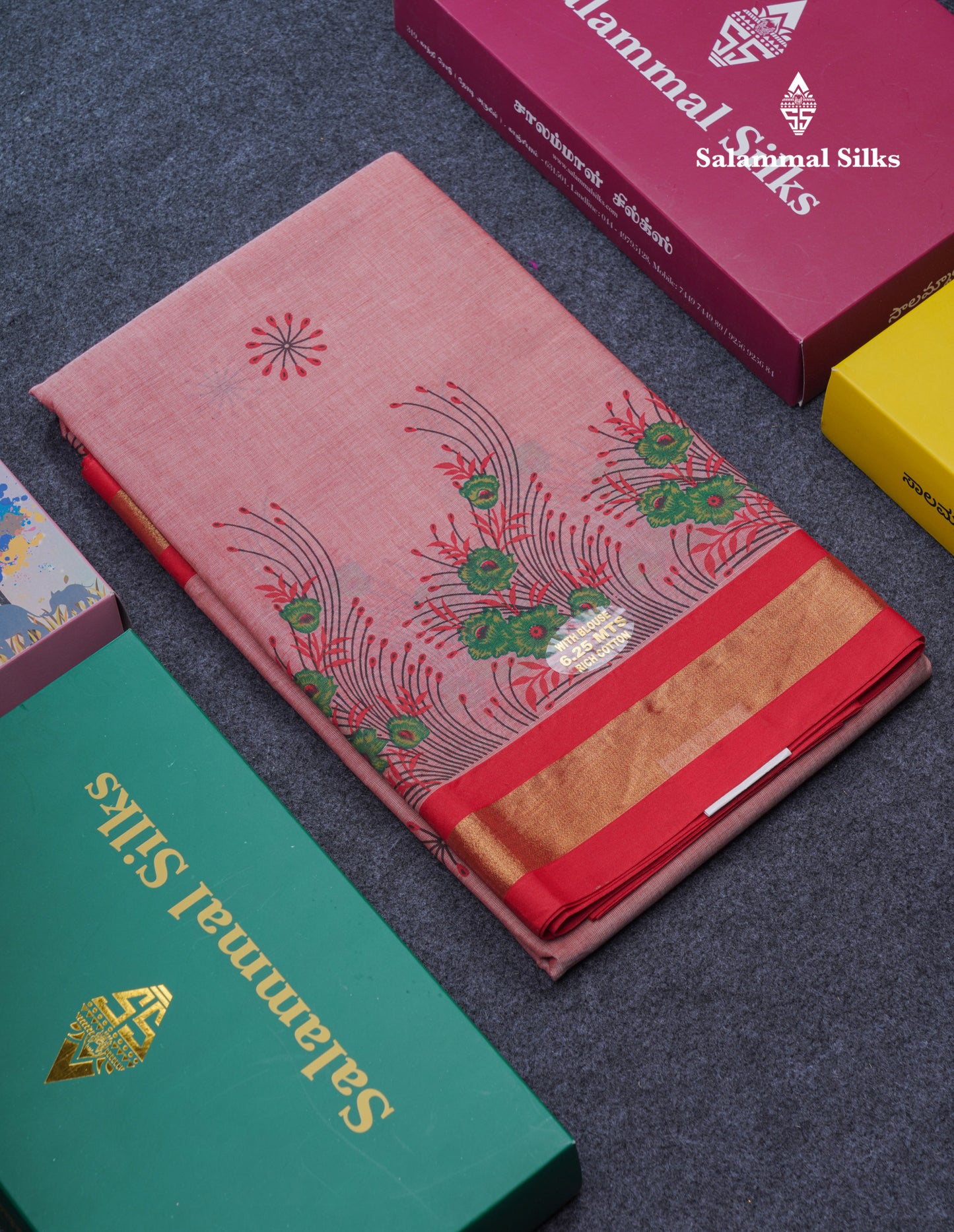 Onion Pink Printed Pure Cotton Saree With Contrast Chilly Red Border