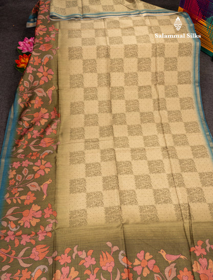 Pista Green Semi Tussar Fancy Saree With Small Ribbon Border