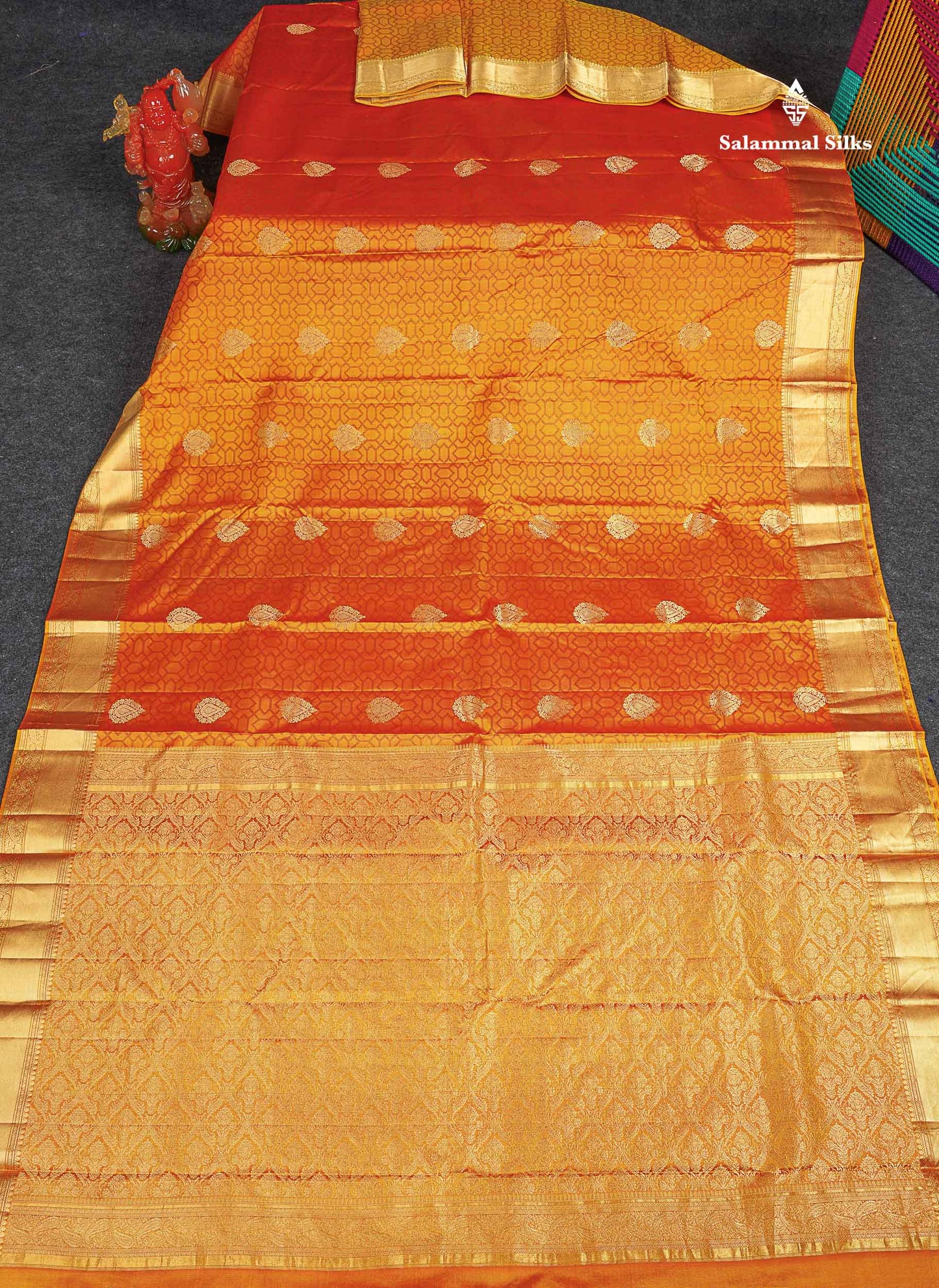 Pure Kanjivaram Silk Saree - Golden Orange Colour Body Zari Butta With Medium Border