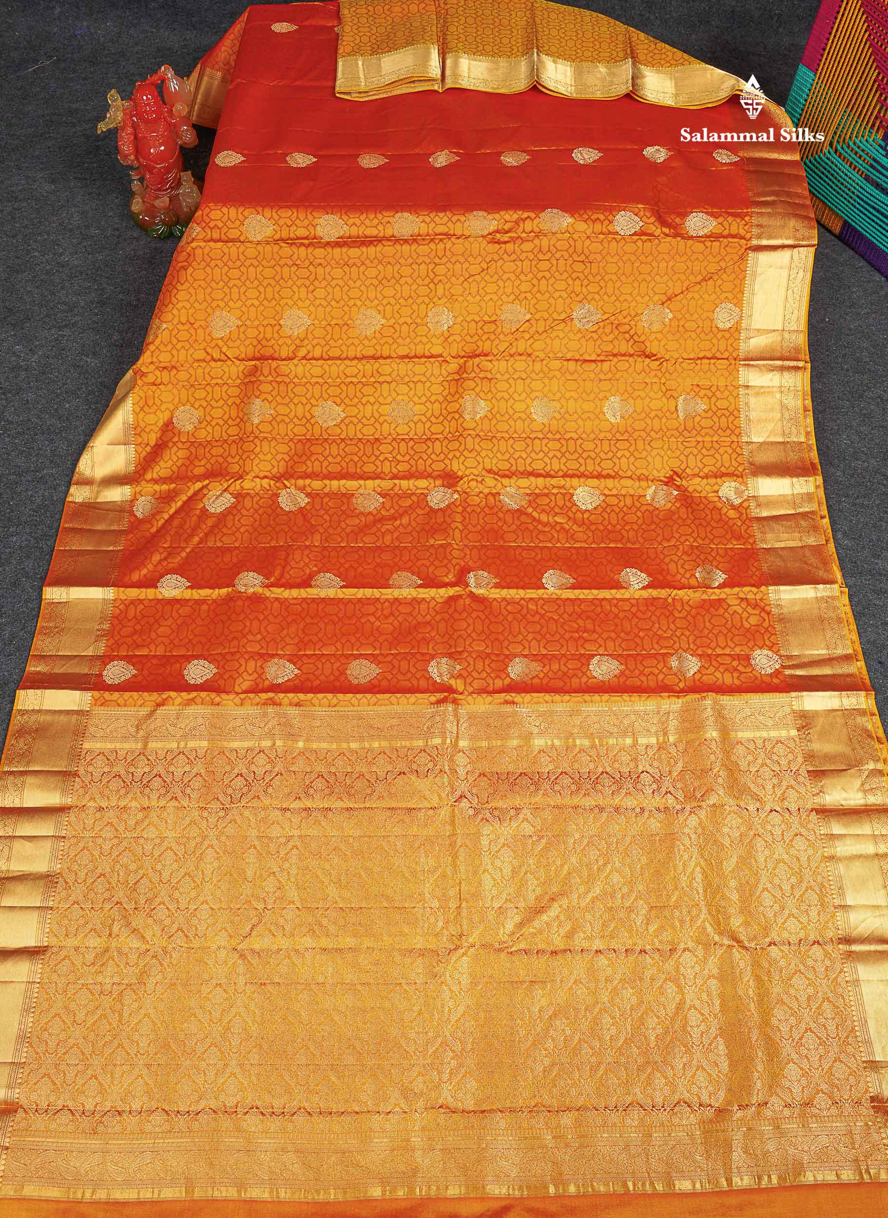 Pure Kanjivaram Silk Saree - Golden Orange Colour Body Zari Butta With Medium Border