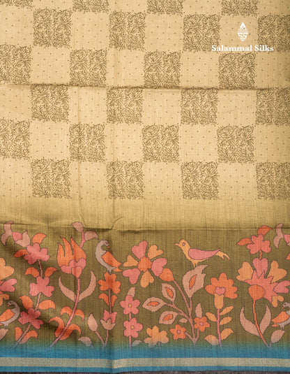 Pista Green Semi Tussar Fancy Saree With Small Ribbon Border