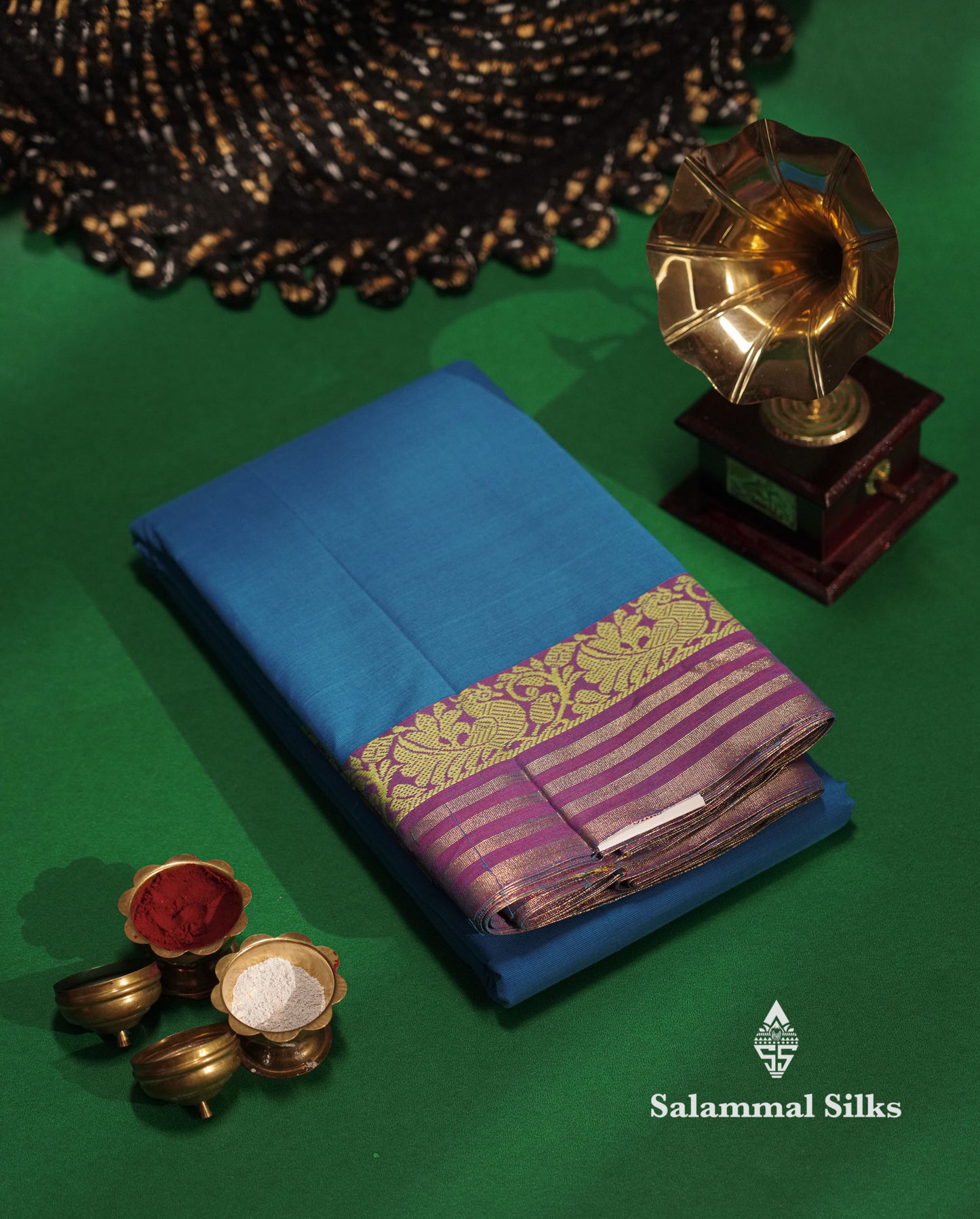 Beautiful Ananda Blue Plain Pure Chettinaad Cotton Saree With Violet Tarditional Border