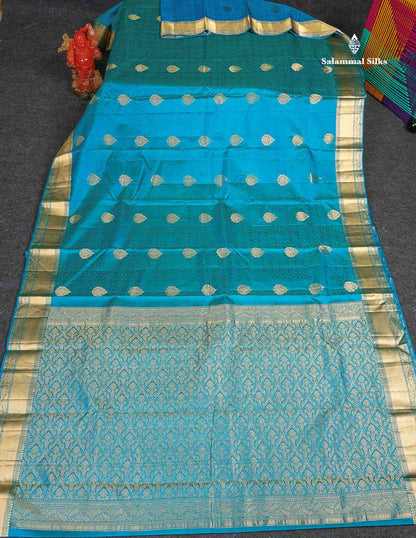 Pure Kanjivaram Silk Saree - Peacock  Blue Colour Body Zari Butta With Medium Border