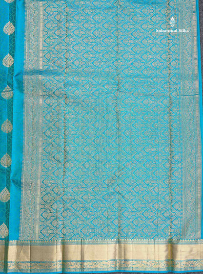 Pure Kanjivaram Silk Saree - Anandha Blue Colour Body Zari Butta With Medium Border