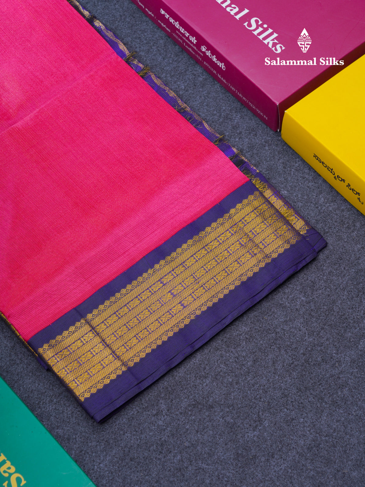 Pink Vaira Oosi Silk Cotton Saree With Contrast Violet Traditional Border