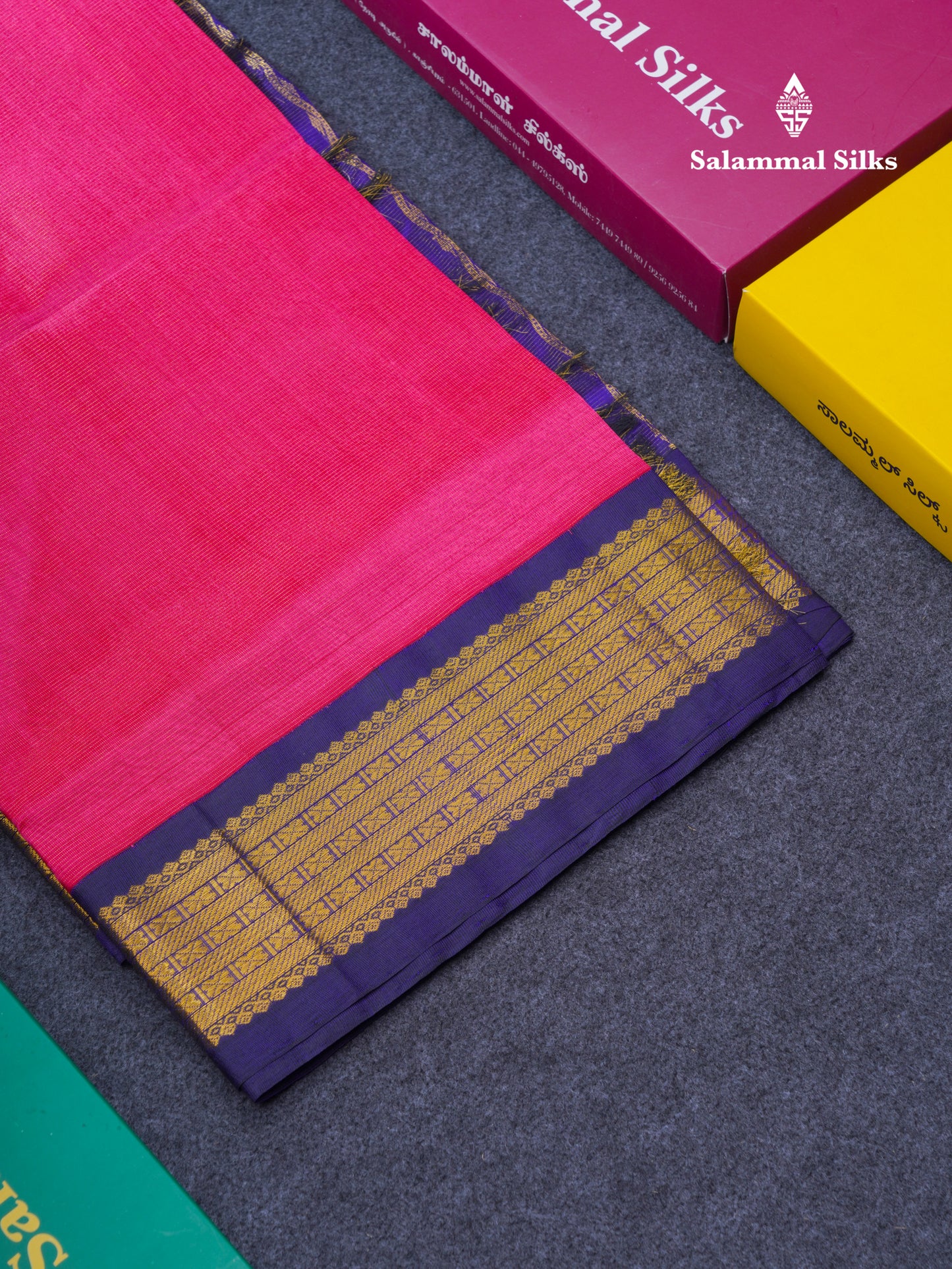 Pink Vaira Oosi Silk Cotton Saree With Contrast Violet Traditional Border