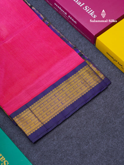 Pink Vaira Oosi Silk Cotton Saree With Contrast Violet Traditional Border