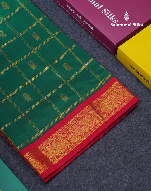 Bottle Green Checks With Butta Semi Silk Cotton Saree With Contrast Chilly Red Traditional Border