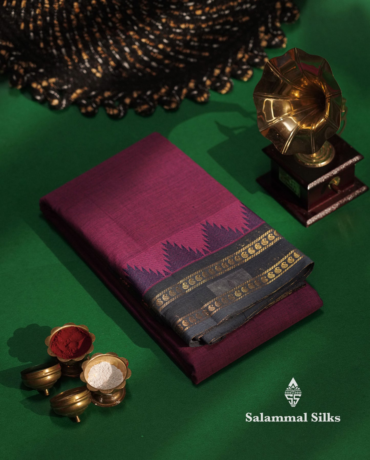 Beautiful Grey Plain Pure Chettinad  Cotton Saree With Violet Thread Work Traditional Temple And Double Border