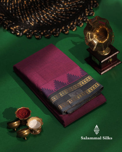 Beautiful Grey Plain Pure Chettinad  Cotton Saree With Violet Thread Work Traditional Temple And Double Border