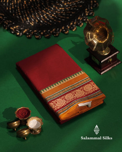 Beautiful Maroon Chettinad Plain Pure Cotton Saree With Multicolour Border