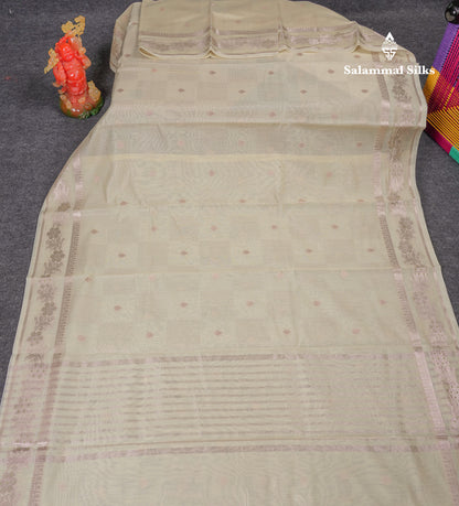 Beautiful Cream Sandal Cotton Mix Saree With Fancy Border