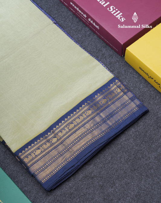 Light Elaichi Green Silk Cotton Saree With Contrast Navy Blue Traditional Border