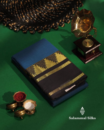 Beautiful Peacock Blue Plain Chettinad Pure Cotton Saree With Navy Blue Traditional Double And Temple Border