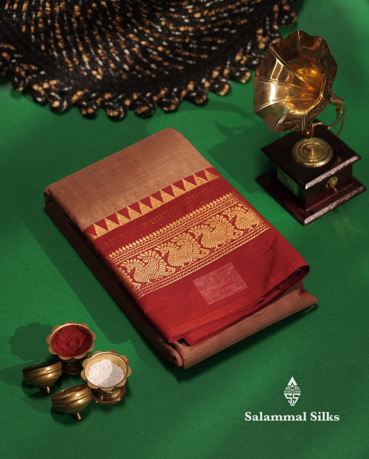 Beautiful Maroon Plain Pure Chettinad Cotton Saree With Green Traditional Border