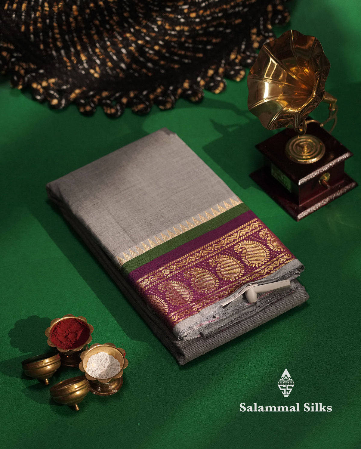 Beautiful Ash Chettinad Plain Pure Cotton Saree With Magenta Traditional Border