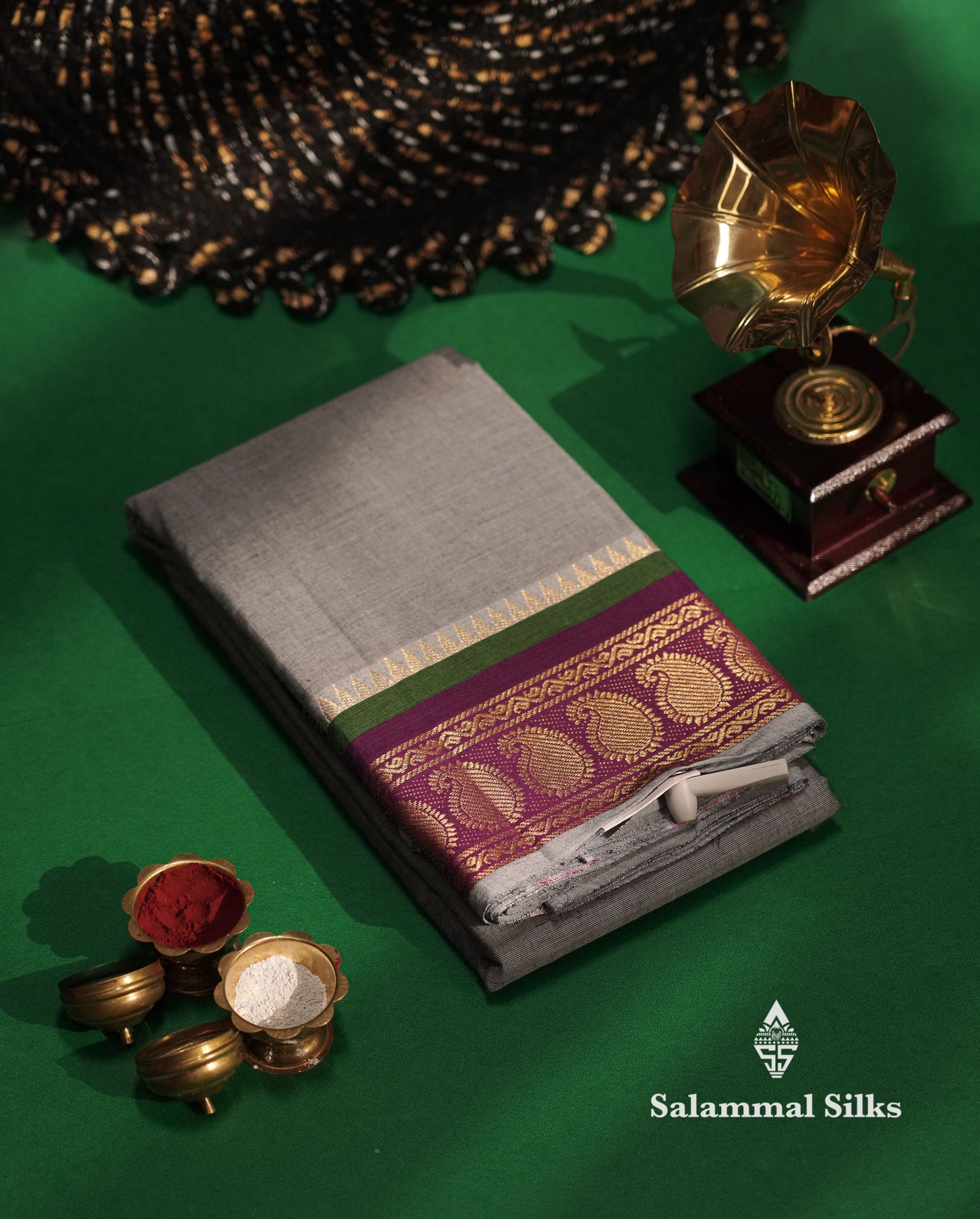 Beautiful Ash Chettinad Plain Pure Cotton Saree With Magenta Traditional Border