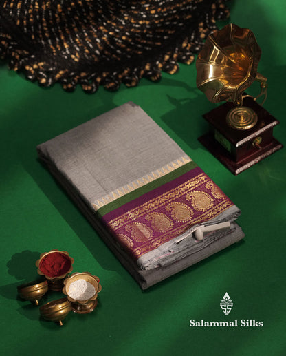 Beautiful Ash Chettinad Plain Pure Cotton Saree With Magenta Traditional Border