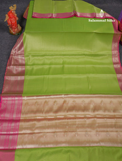 Beautiful Parrot Green Semi Soft Silk Mix Saree With Contrast Pink Traditional Border