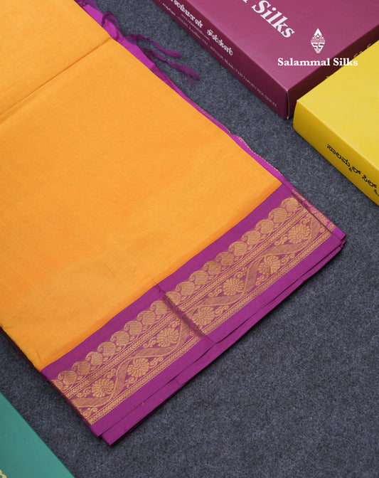 Beautiful Yellow Plain Semi Silk Cotton Saree With Violet Traditional Korvai Border