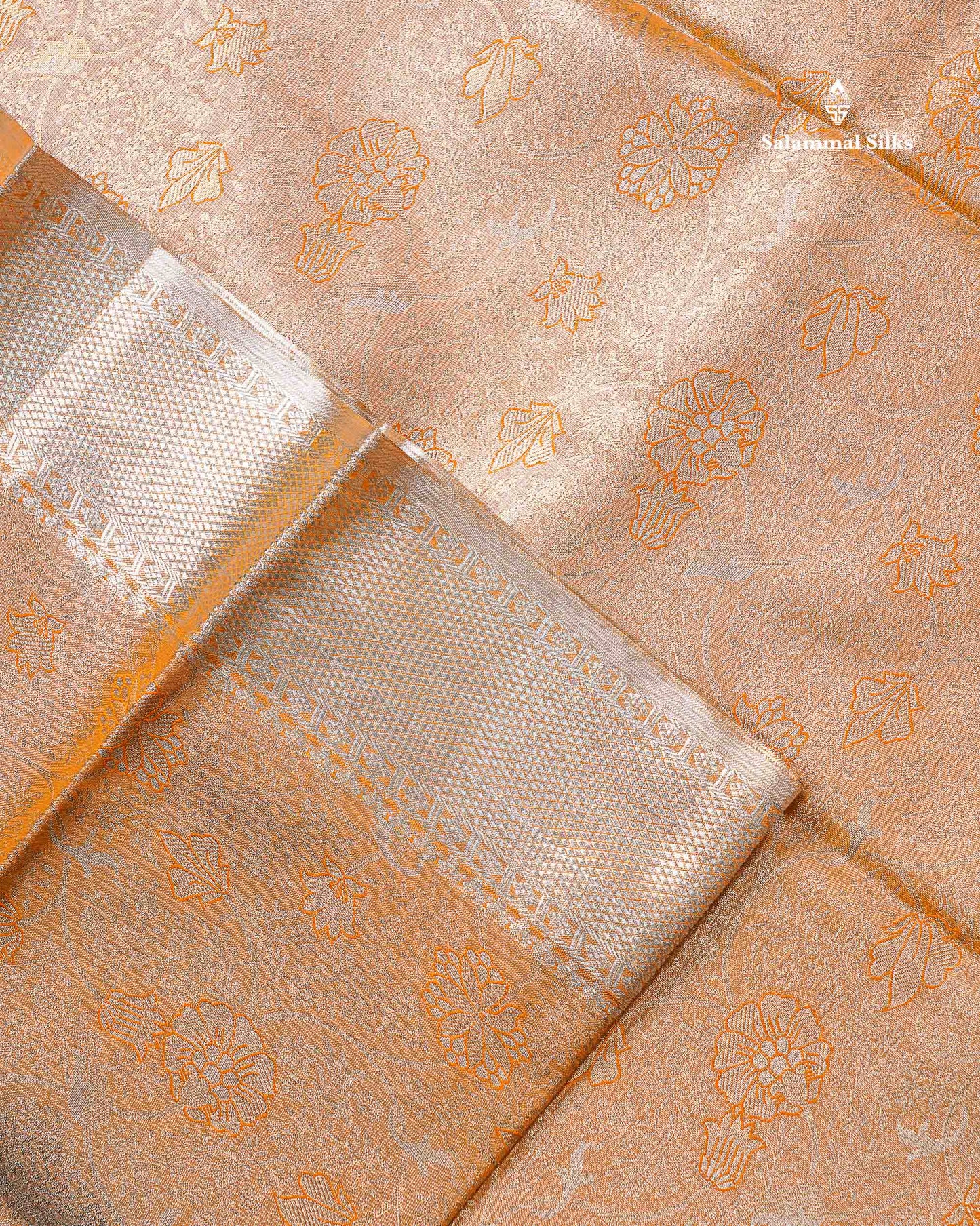 Beautiful Light Orange Tissue Bridal Semi Silk Saree With Traditional Evening Morning Border