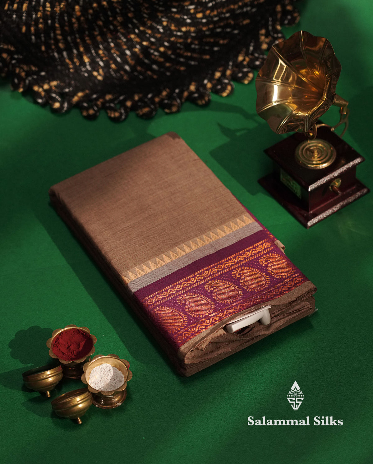 Beautiful Dual Tone Brown Chettinad Plain Pure Cotton Saree With Violet Traditional Border