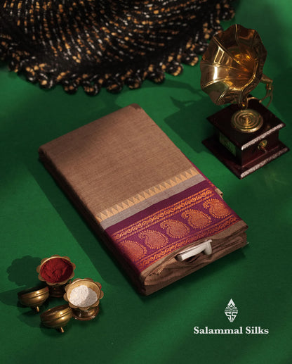 Beautiful Dual Tone Brown Chettinad Plain Pure Cotton Saree With Violet Traditional Border