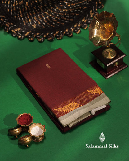 Beautiful Maroon Chettinad Plain Pure Cotton Saree With Thread Border