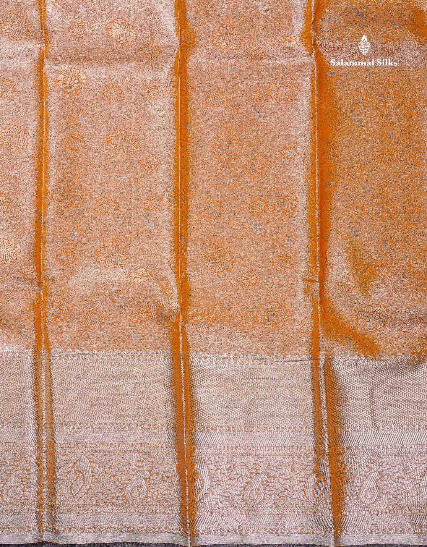 Beautiful Light Orange Tissue Bridal Semi Silk Saree With Traditional Evening Morning Border