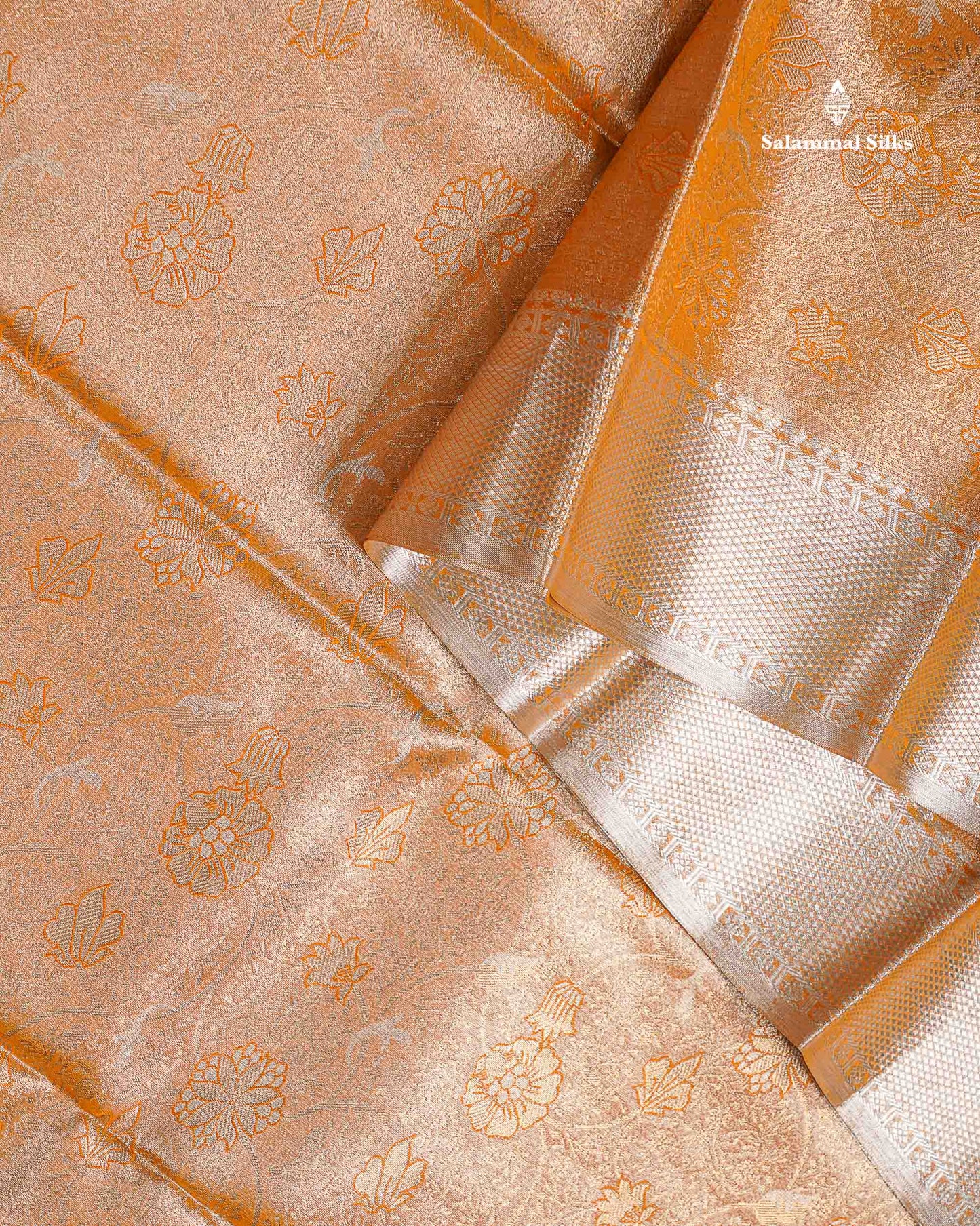Beautiful Light Orange Tissue Bridal Semi Silk Saree With Traditional Evening Morning Border