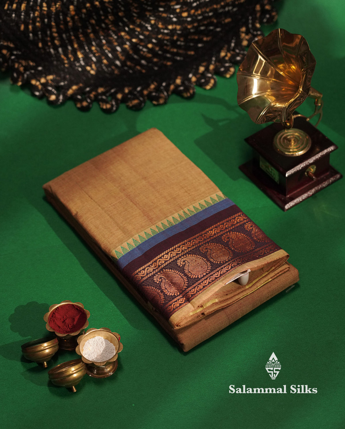 Beautiful Light Green Plain Pure Chettinad Cotton Saree With Violet Traditional Border