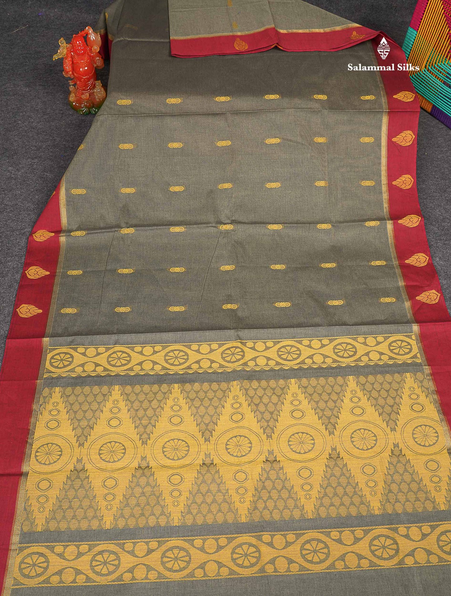 Pure Cotton Saree - Elephant Grey Body Thread Butta With Maroon Border