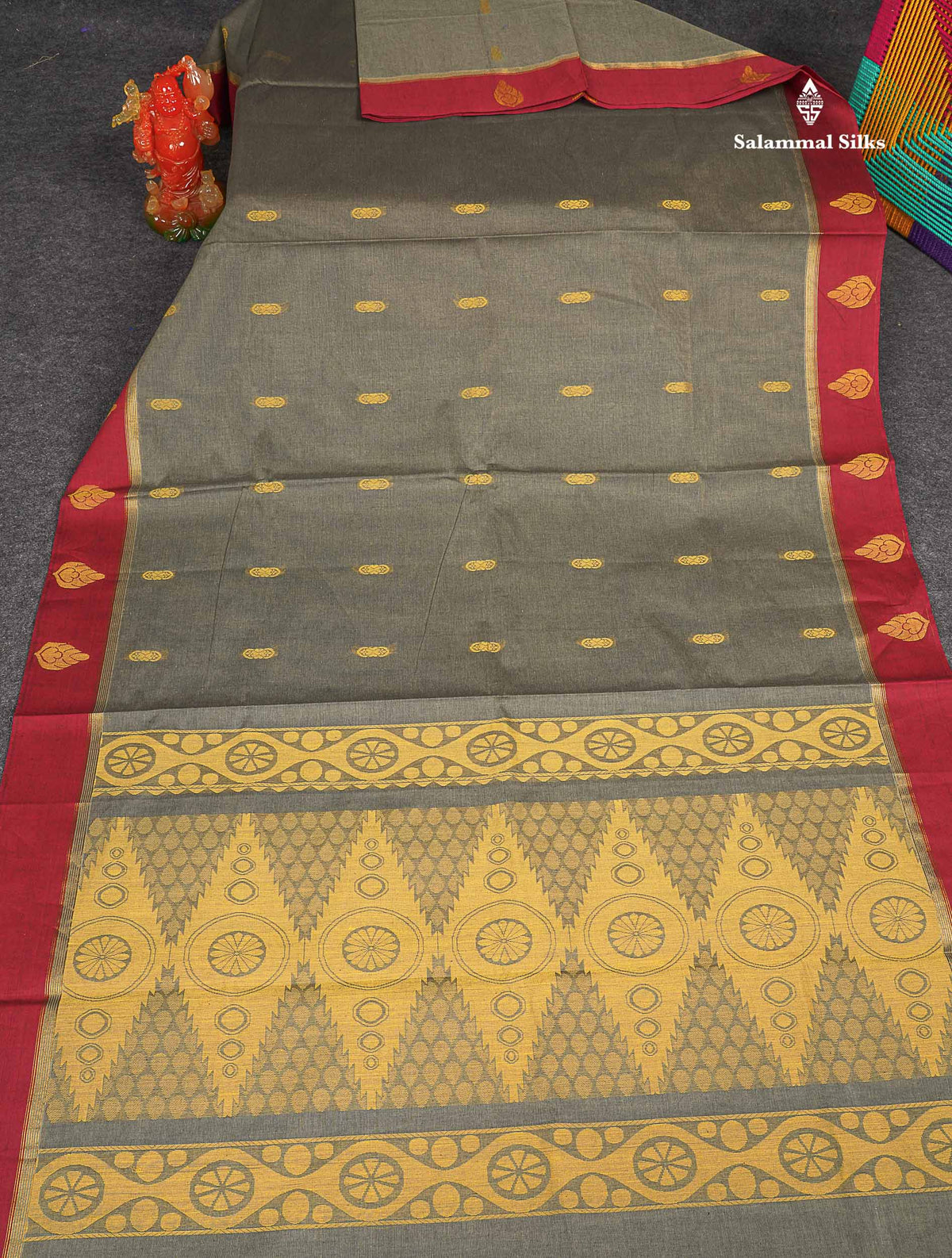 Pure Cotton Saree - Elephant Grey Body Thread Butta With Maroon Border