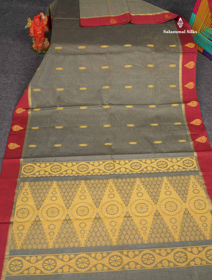Pure Cotton Saree - Elephant Grey Body Thread Butta With Maroon Border