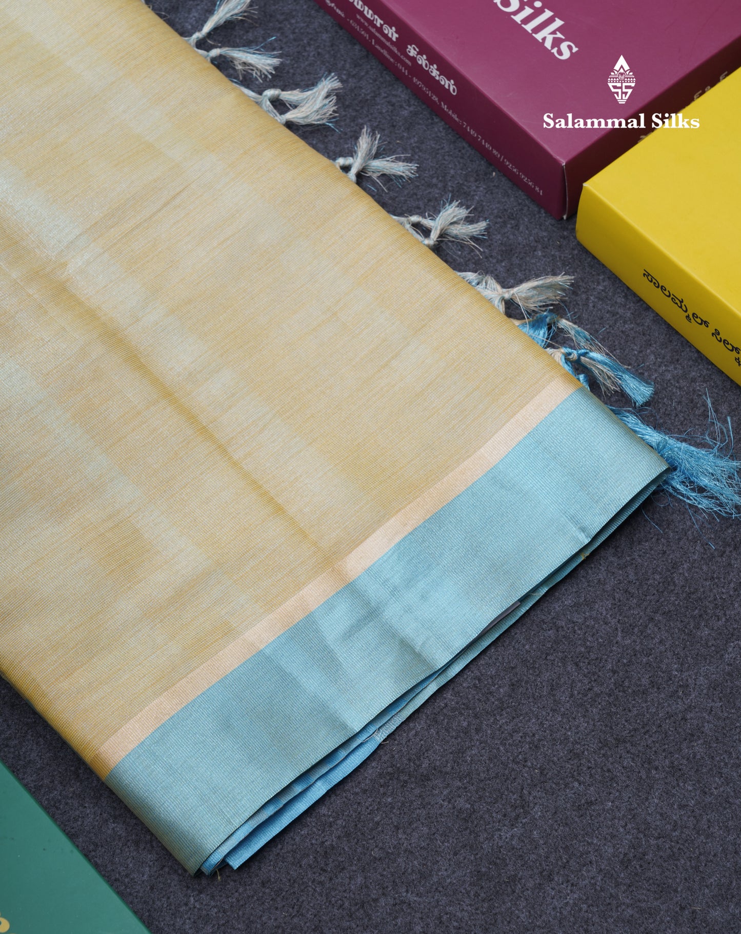 Beautiful Golden Yellow Kota Cotton Plain Tissue Fancy Saree With Sky Blue Border