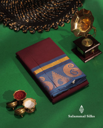 Beautiful Lavender Plain Pure Chettinad Cotton Saree With Maroon Traditional Border