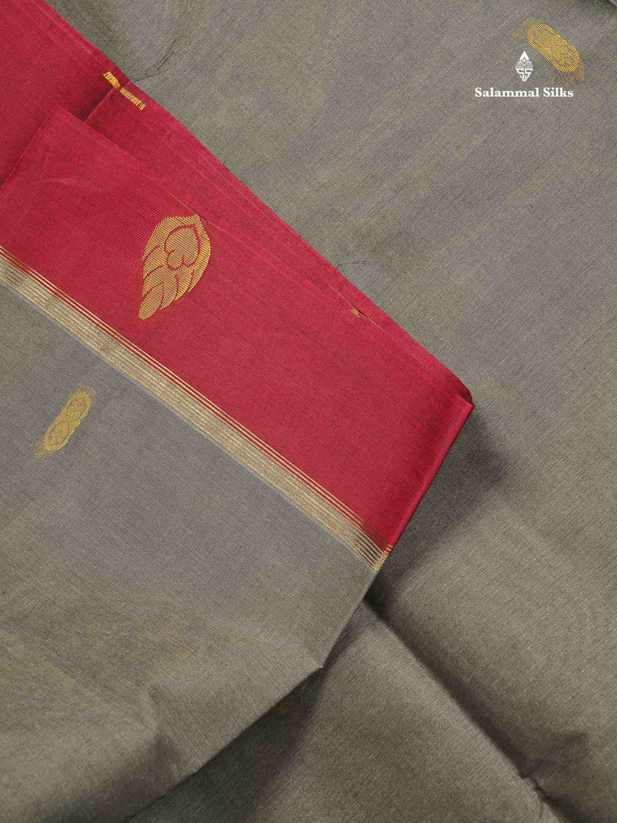 Pure Cotton Saree - Elephant Grey Body Thread Butta With Maroon Border