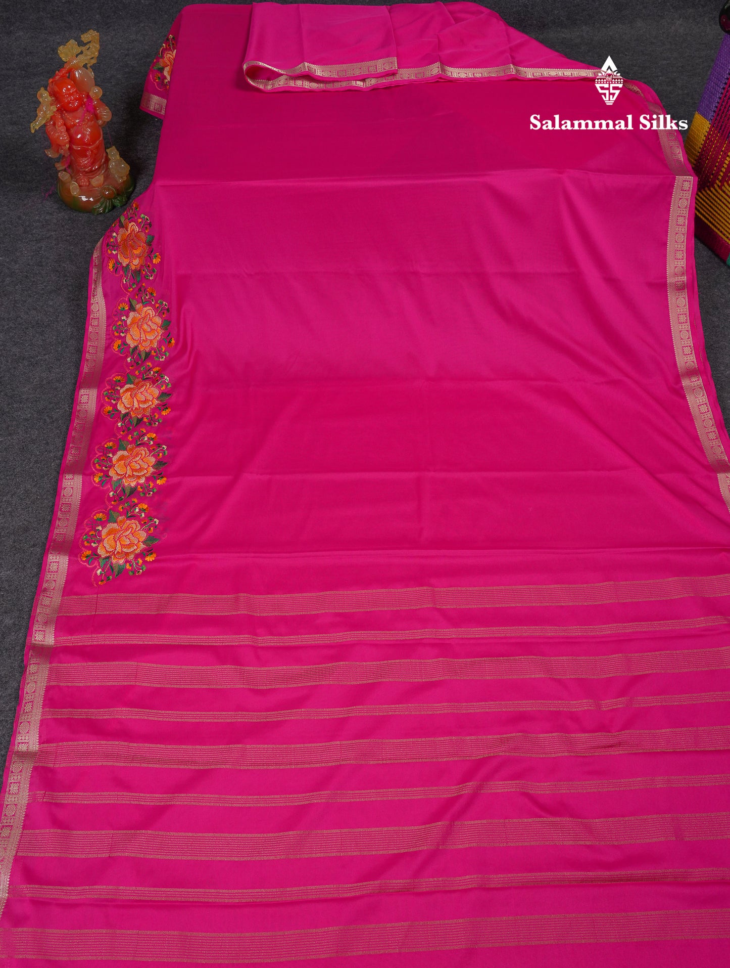 Beautiful Magenta Pink Plain Semi Mysore Silk Saree With Embroidery Border