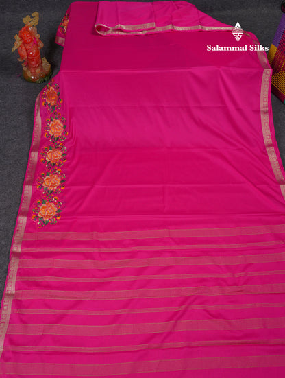 Beautiful Magenta Pink Plain Semi Mysore Silk Saree With Embroidery Border