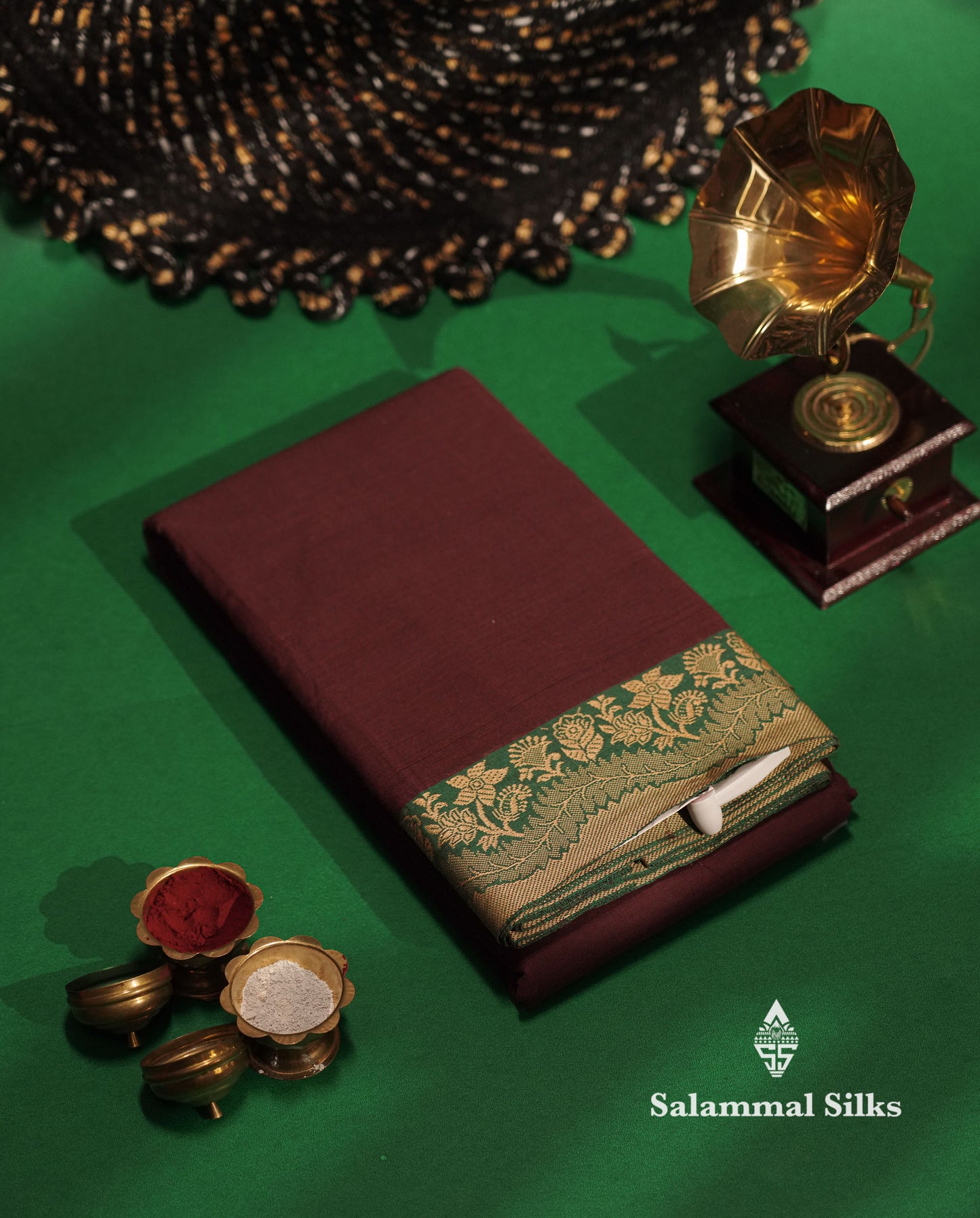Beautiful Dark Brown Chettinad Plain Pure Cotton Saree With Bottle Green Thread Work Border