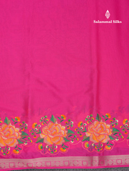 Beautiful Magenta Pink Plain Semi Mysore Silk Saree With Embroidery Border