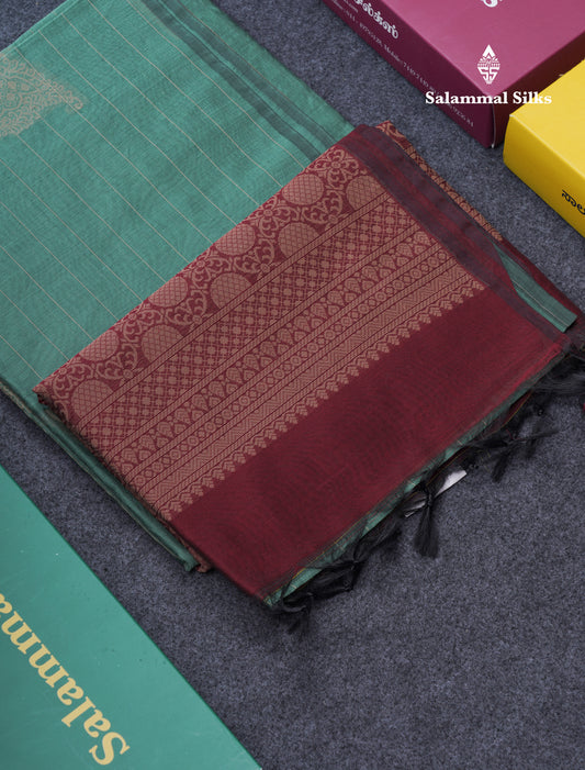 Green Shade Beautiful Fancy Kora Cotton Saree With Contrast Maroon Blouse
