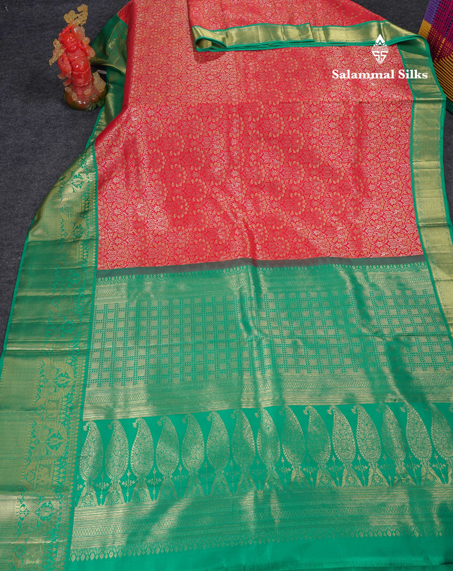 Beautiful Chilly Red Bridal Pure Kanjivaram Silk Saree With Contrast Sapphire Green Traditional Evening Morning Border