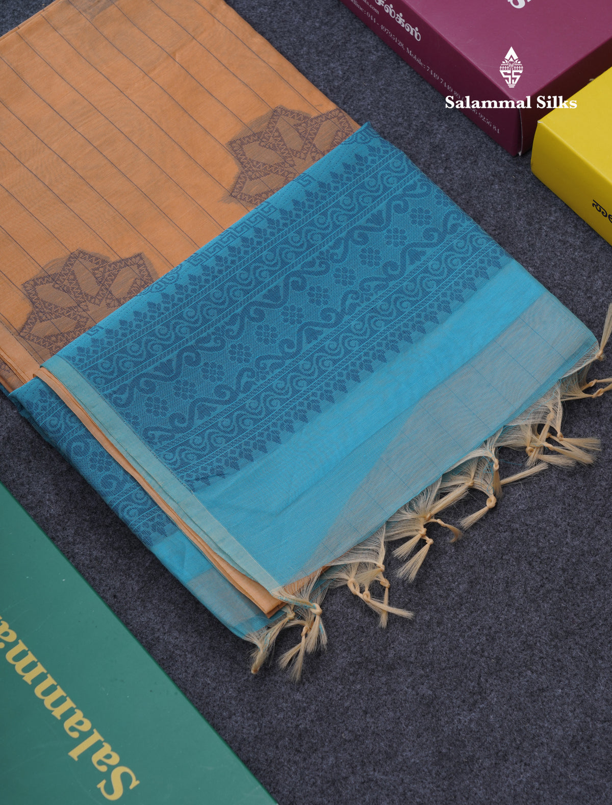 Peach Beautiful Fancy Kora Cotton Saree With Contrast Sky Blue Blouse